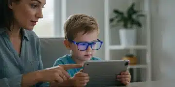 Child wearing blue light glasses using a tablet with parent guidance