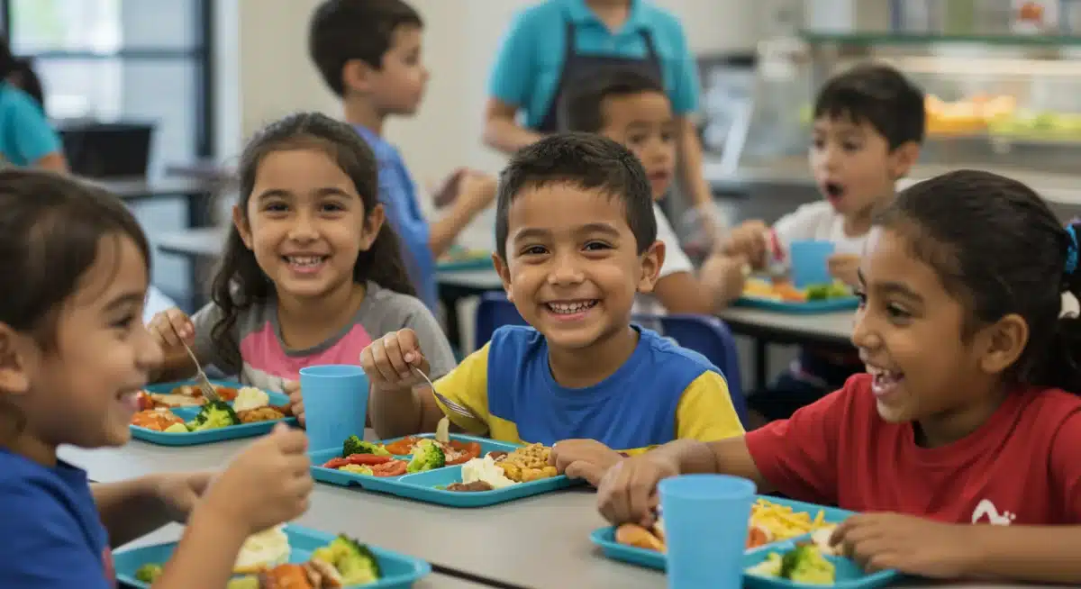 Happy children eating healthy school lunch in cafeteria