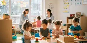 Early Childhood Education: New Federal Initiatives for US Families in 2025 Children learning in a bright, modern classroom with federal education initiatives