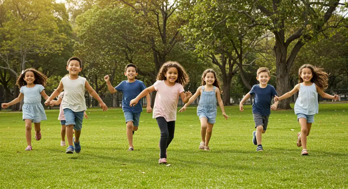 Children playing in a park, symbolizing a secure and bright future.
