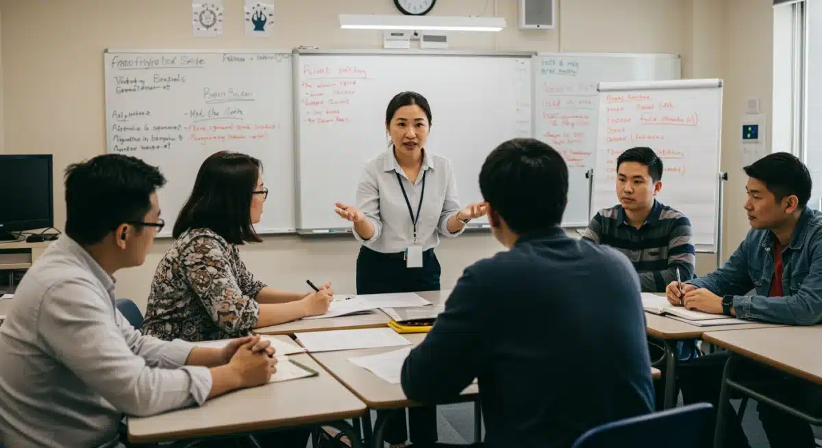 Teacher facilitating discussion with parents and students in classroom