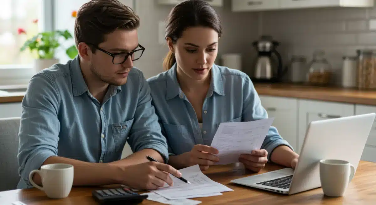 Couple reviewing financial documents and planning investments at home