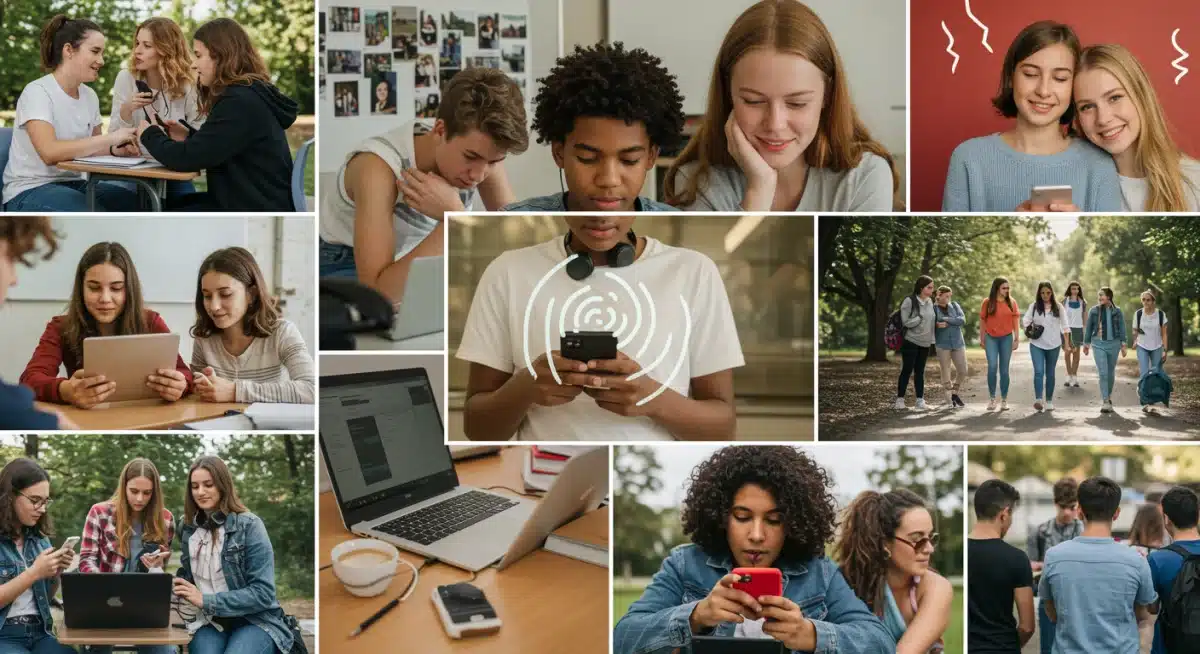 Teenagers with digital devices, illustrating technology's impact on mental health.