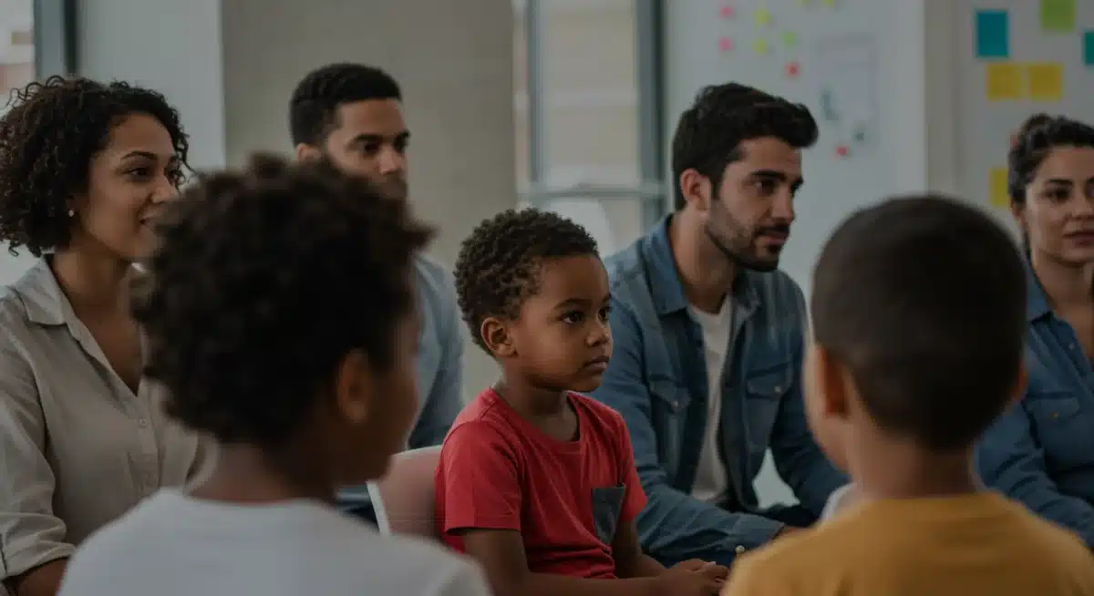 Diverse family support group discussing mental health challenges