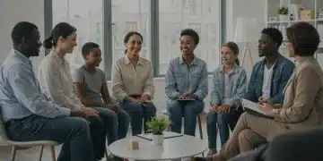 Diverse family in modern therapy session with compassionate therapist