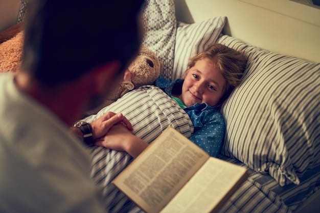 A single father reading a bedtime story to his daughter (around 6 years old) in a cozy bedroom. The daughter is snuggled under a blanket, looking up at her father with adoration. The room is softly lit with a warm lamp.
