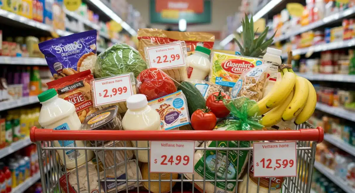 Grocery shopping cart with expensive items, representing rising food costs due to inflation.