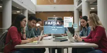College students actively working on FAFSA applications on a vibrant university campus