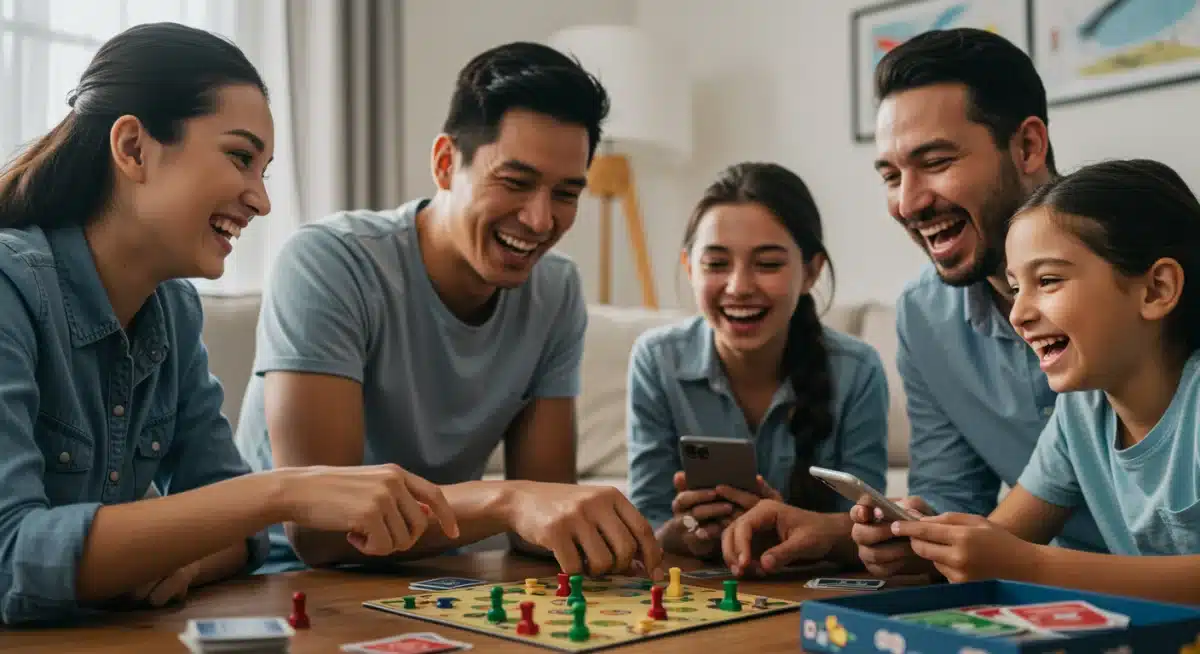 Family playing board game, fostering real-world interaction