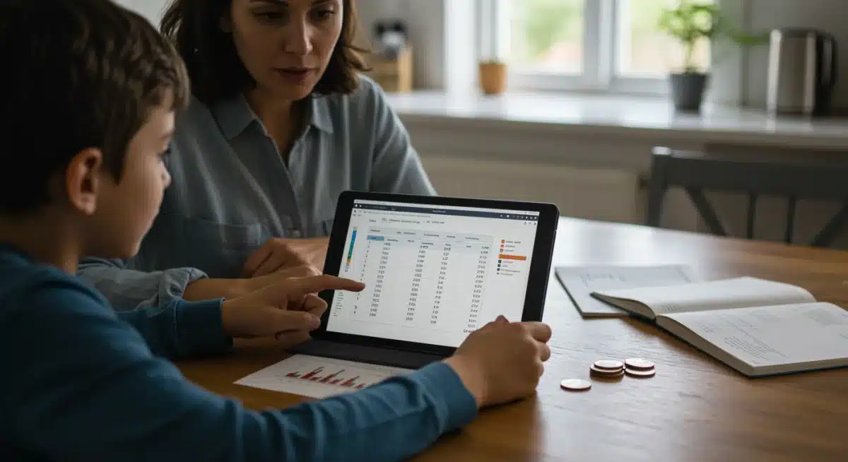 Parent and child reviewing family budget on tablet