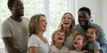 Diverse family laughing together in a modern living room, enhancing connection