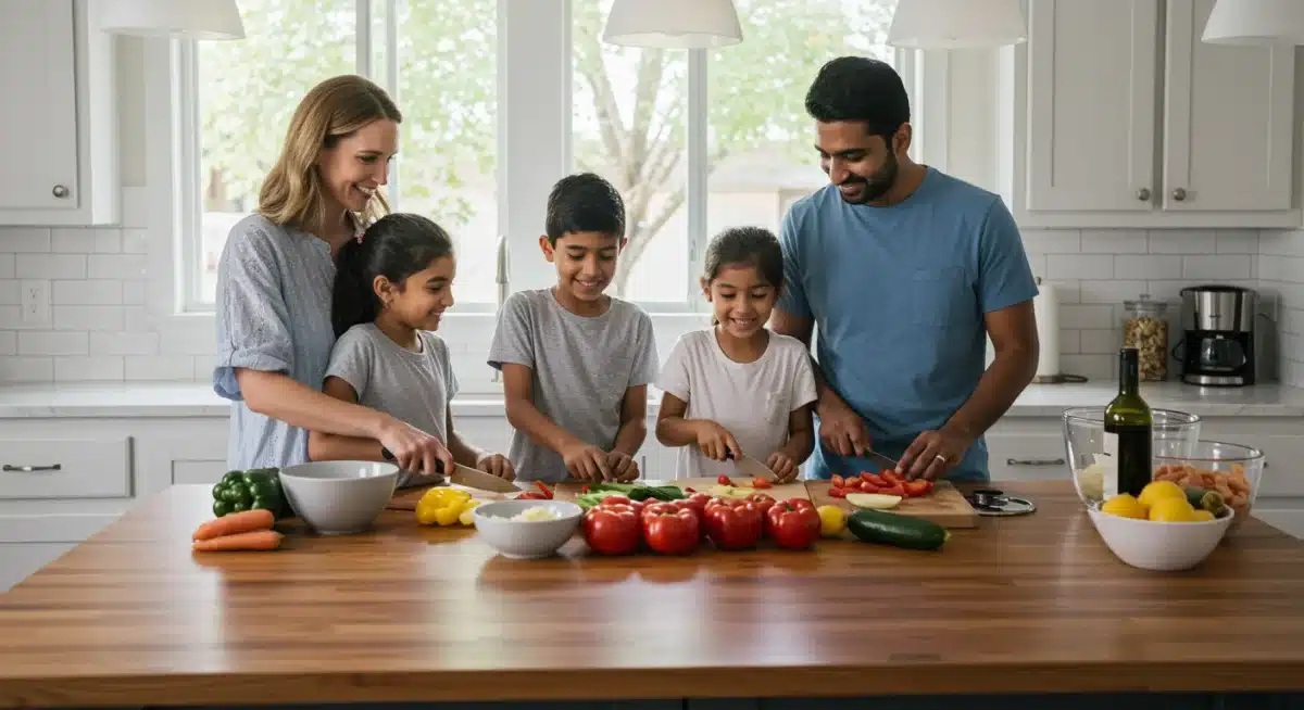 Family cooking together in a modern kitchen, fostering connection