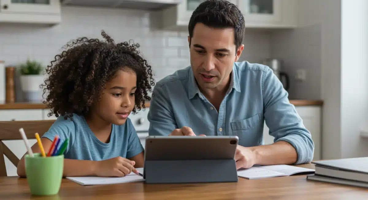 Parent and child reviewing schoolwork at home