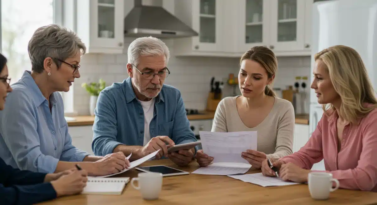 Multi-generational family discussing financial planning and Social Security survivor benefits.