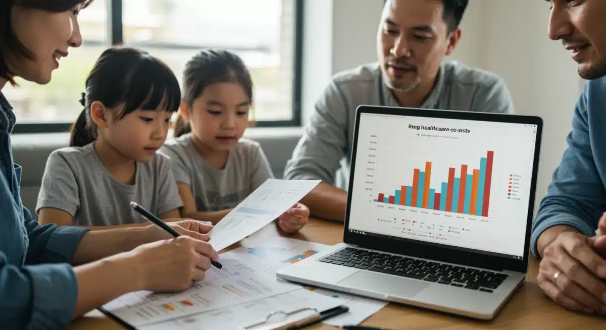 Family reviewing financial documents and laptop, planning for healthcare costs