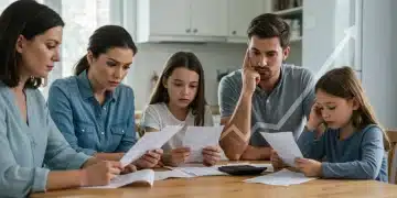 New Study: Inflation's Grip on Family Budgets Unveiled Family reviewing bills with worried expressions, symbolizing inflation's impact on household finances.