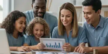 Low-Cost Investment Platforms for US Families 2025 Family reviewing low-cost investment platform on tablet