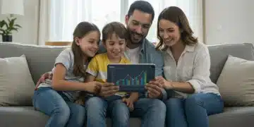 Family learning about smart investing on a tablet, showing financial growth