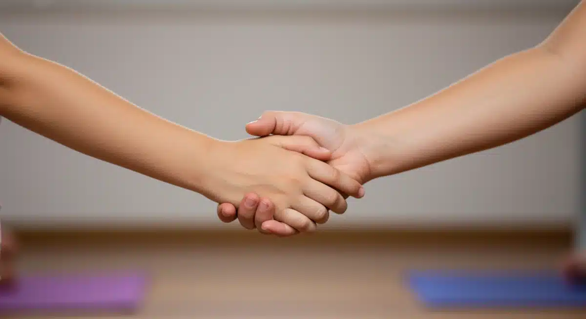 Parent and child hands clasped during family yoga session, symbolizing connection