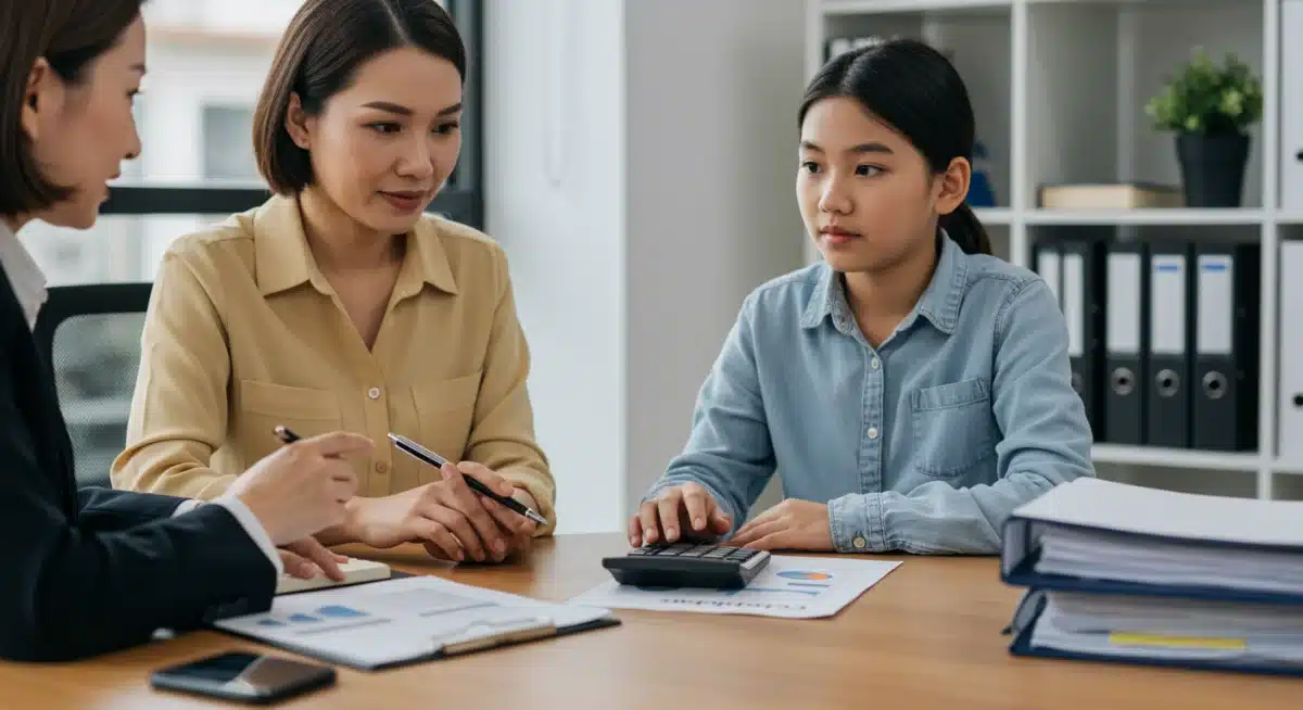 Single mother and child consulting a financial advisor for retirement planning
