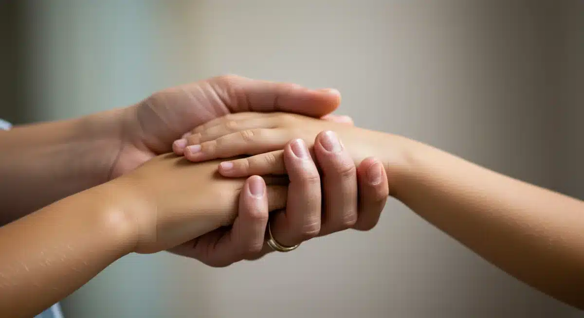Adult and child hands clasped, representing trust and support in foster care.