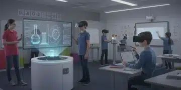 Students engaging with advanced educational technology in a modern classroom, featuring VR, AI, and interactive displays.