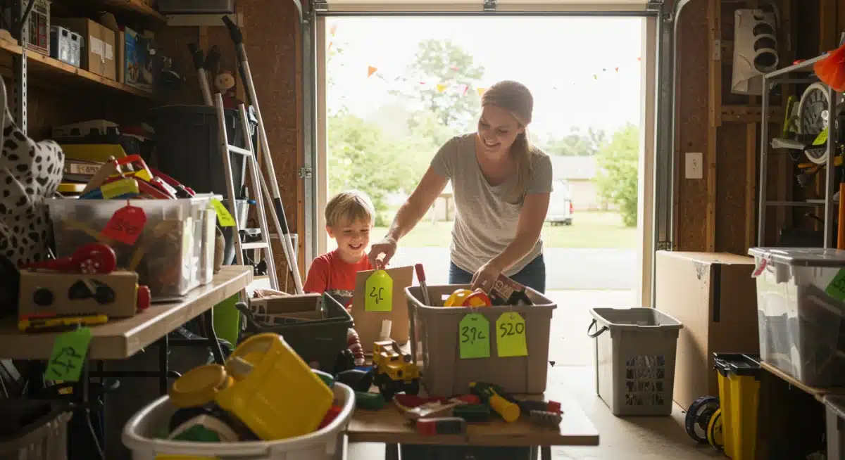 Single parent and child preparing items for a garage sale to earn extra income