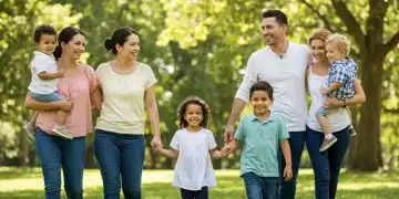 Happy family walking in park, symbolizing strong family leave policies