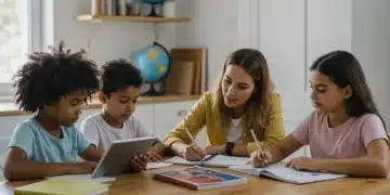 Family homeschooling in 2025 at kitchen table with diverse educational tools
