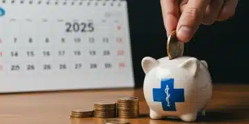 2025 HSA Limits: Maximize Tax-Advantaged Healthcare Savings Hand placing coins into a medical cross piggy bank with 2025 calendar