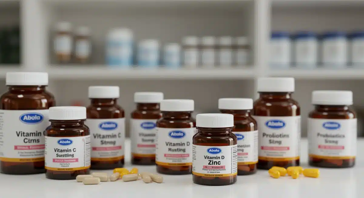 Assortment of vitamin and supplement bottles for immune support