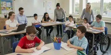 Diverse students and teachers collaboratively learning in an inclusive special education classroom for 2025