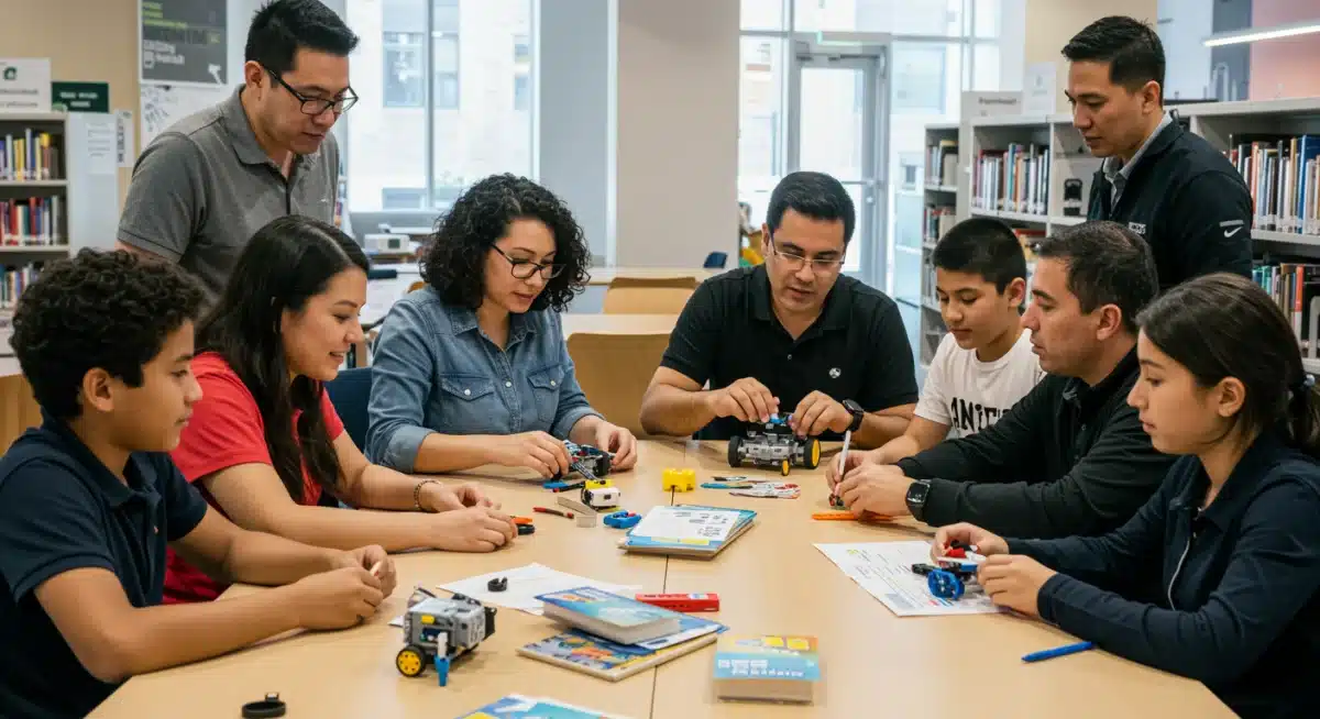 Diverse group participating in a free STEM workshop at a public library.