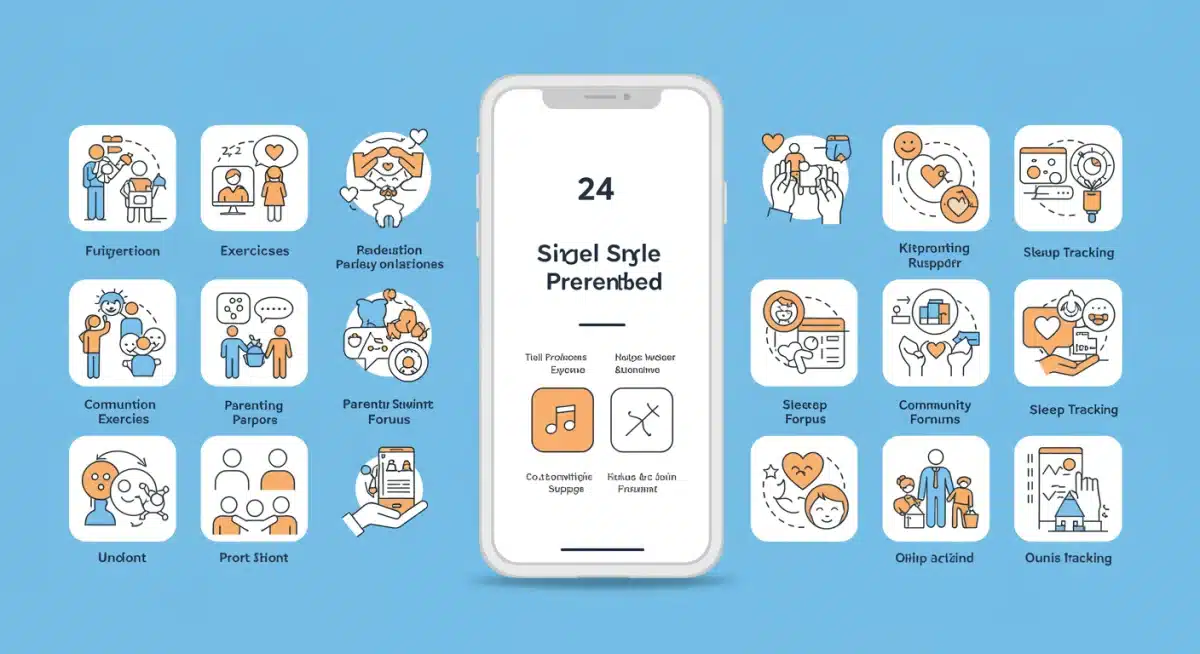 Infographic detailing features of mental health apps for single parents, including stress reduction, parenting tips, and community support.