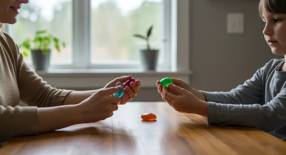 Parent and child practicing mindful touch with colorful stones at a kitchen table.