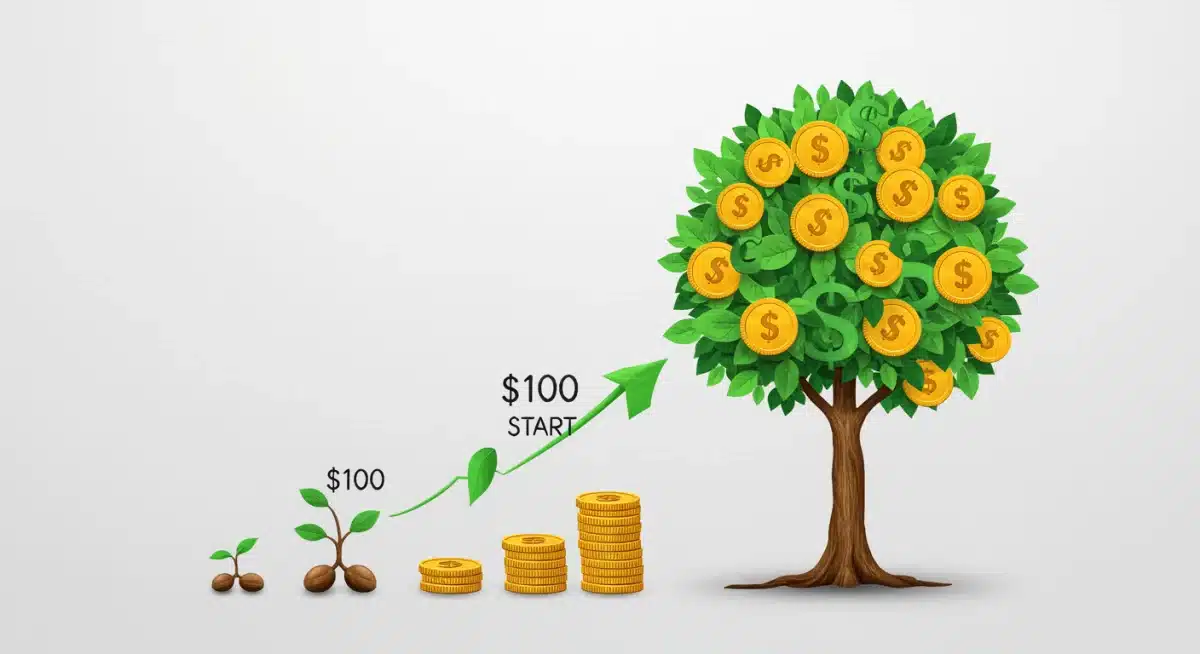 Illustration of a small seed growing into a money tree, symbolizing wealth growth from 0