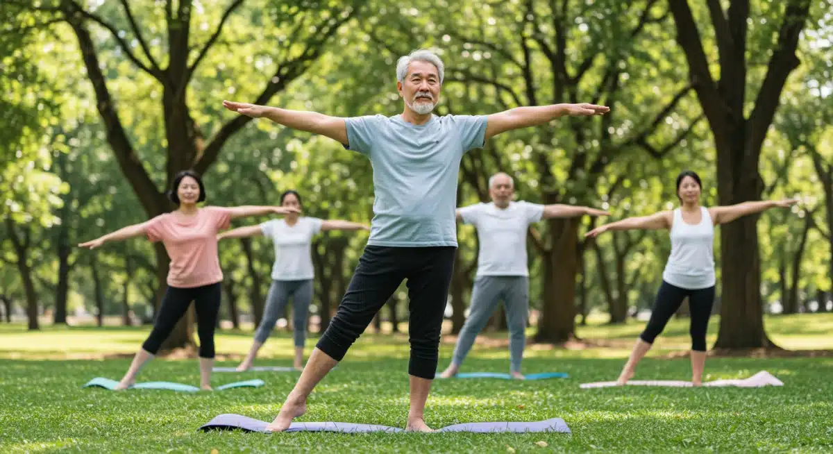 Diverse group performing gentle stretching and balance exercises outdoors.