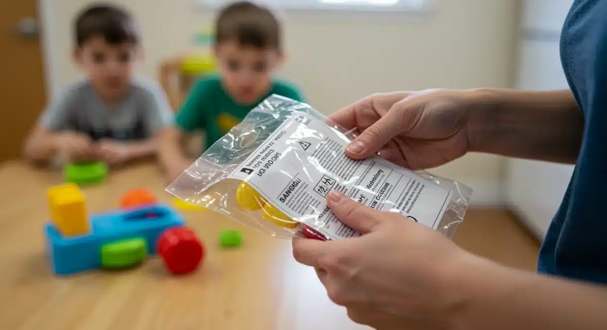 Parent examining toy packaging for safety warnings