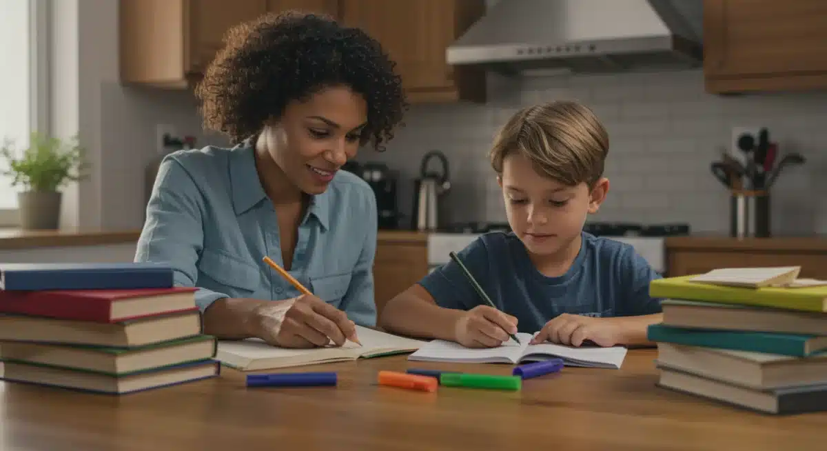 Parent assisting child with homework, demonstrating direct academic support.