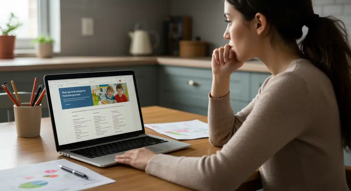 Parent researching government childcare grants on a laptop at home.