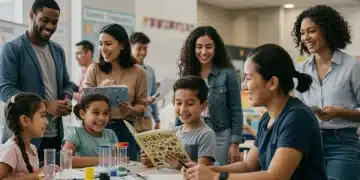 Parents and children engaged in school activities, fostering academic success