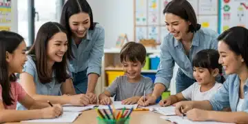 Parents and children actively participating in a school learning event, showcasing positive parental involvement.