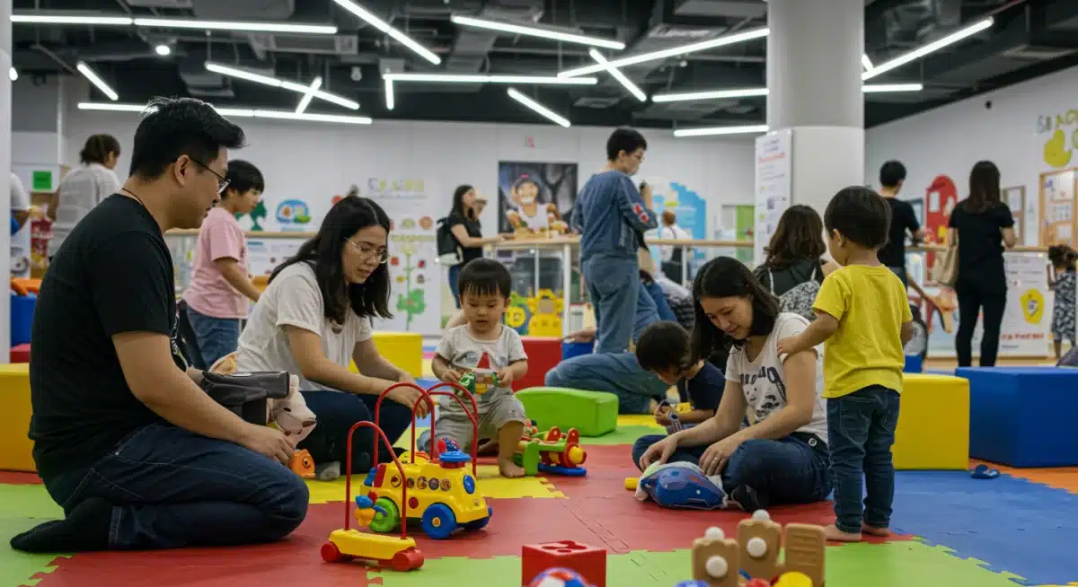 Parents and children playing safely with certified products