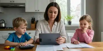 Single mom reviewing 2025 tax code changes with children nearby, planning family finances.