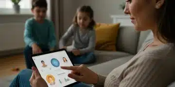 2025 Mental Health Apps for Single Parents: Efficacy Review Single parent using a 2025 mental health app on a tablet, child playing nearby, in a calm living room setting.