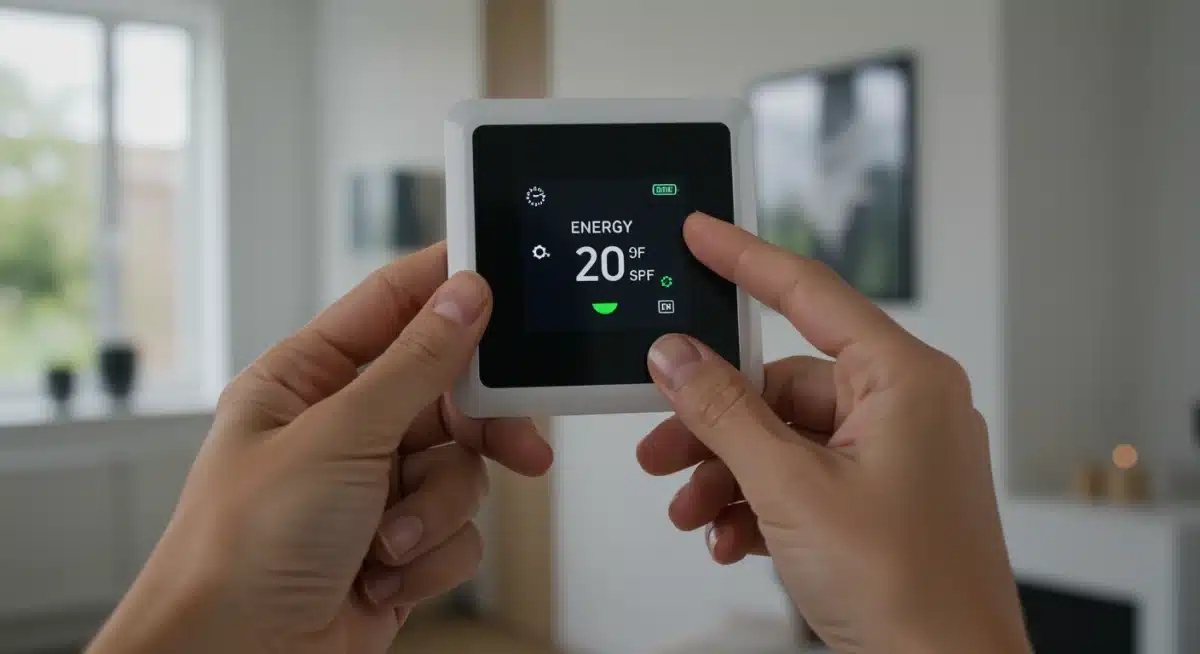 Hands adjusting smart thermostat for energy savings.