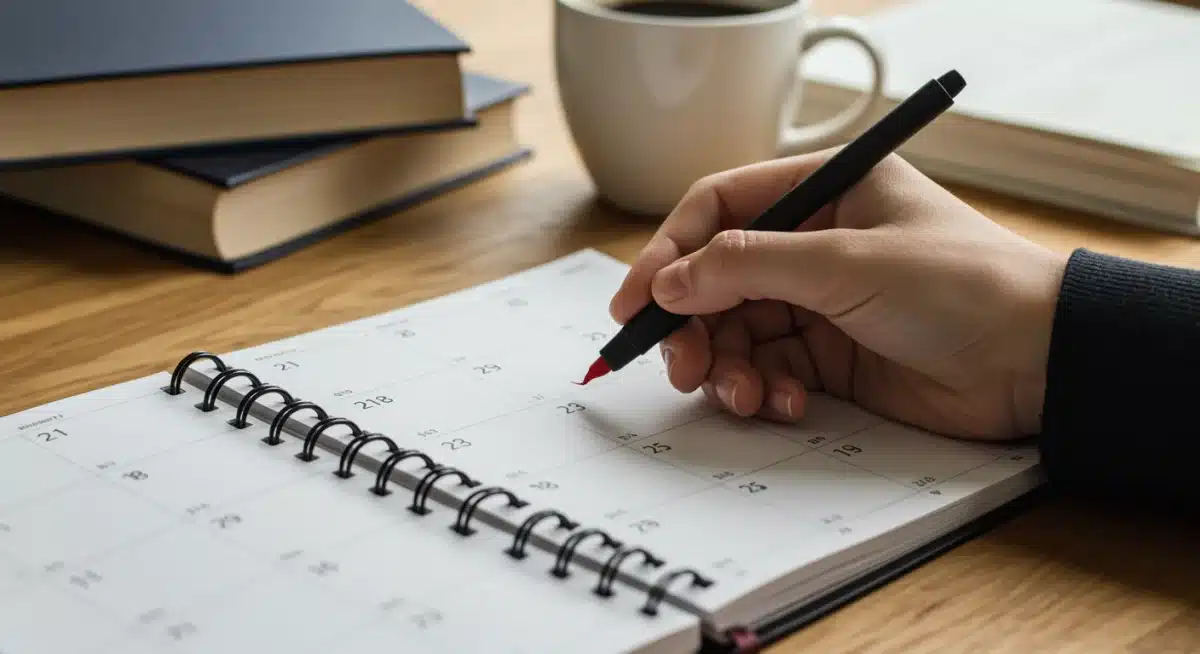Student highlighting important college application dates on a planner