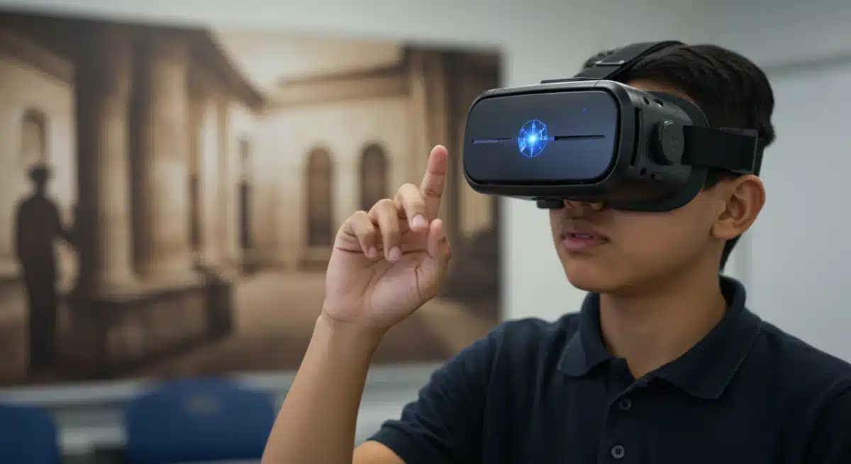 Student in VR headset experiencing immersive learning, exploring virtual educational content.