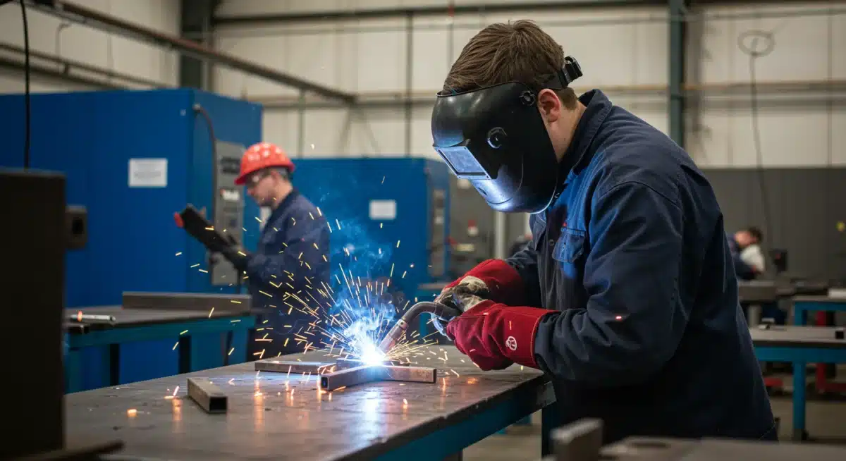 Student learning welding in a vocational training center with an instructor