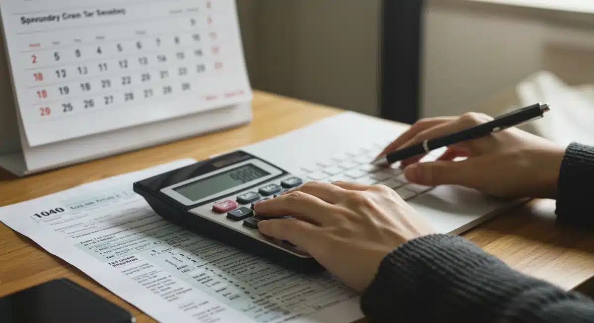 Hands calculating tax credit on a calculator with tax forms, symbolizing accurate claim preparation.